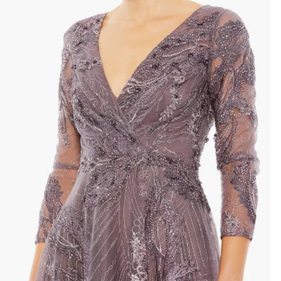 MAC DUGGAL 20336 EMBELLISHED WRAP OVER 3/4 SLEEVE AUBERGINE COCKTAIL DRESS sz 20 - Picture 4 of 5